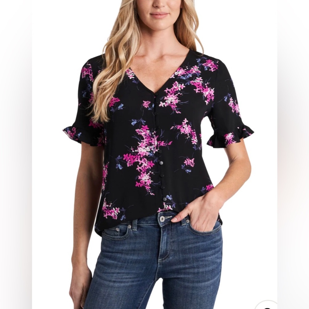 CeCe Floral Print Ruffled Short Sleeves, Button-Up Blouse… Brand new with tags!